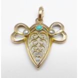 A yellow metal pendant set with seed pearls and turquoise, (tests as 9ct gold), 2.3g