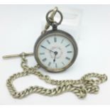 A silver fob watch and silver Albert chain, Kendal and Dent, London