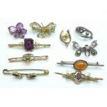Three 9ct gold brooches, a/f, 5.7g, and seven other brooches, one lacking stone