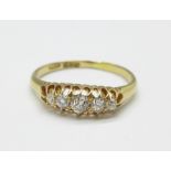 An 18ct gold and five stone diamond ring, 2.6g, P