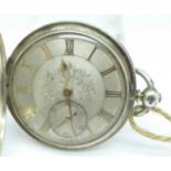 A silver cased fusee pocket watch with silver dial, the movement set with a diamond, Deacon, Swindon