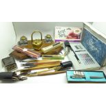 A Parker pen set, brass inkwell, oak pen stand, etc.