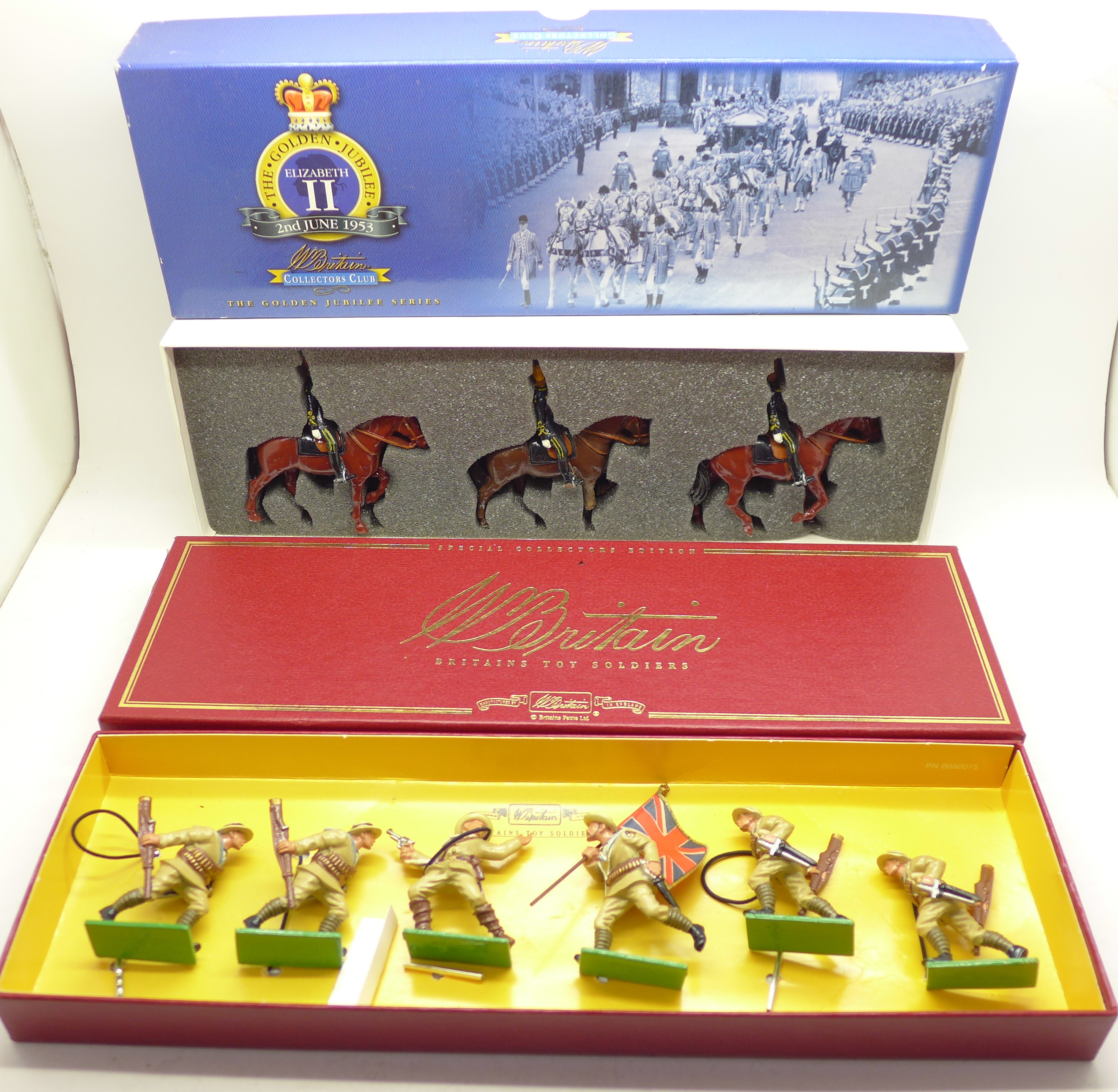 Two Britains sets, Royal Navy Landing Party and 4th Queens Own Hussars and an empty box