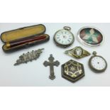 A tortoiseshell pique brooch, lacking pin, a silver fob watch, a silver brooch, a Victorian silver