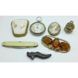 A silver fob watch, hinge a/f, novelty shoe penknife, two brooches, seal fob and a cameo pendant