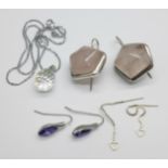 Three pairs of earrings including silver set rose quartz and a pendant and chain