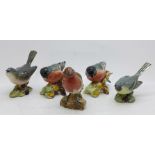 Five Beswick birds, Bullfinch x2, Whitethroat, Robin and Grey Wagtail, Whitethroat a/f