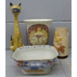 A Jema cat, a Sylvac vase, one other vase and a tureen base, a/f **PLEASE NOTE THIS LOT IS NOT