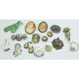 Silver jewellery and two jade pendants, etc., (Victorian horseshoe brooch lacking pin)