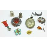 Two silver thimbles, two Scottish brooches, a/f, a locket, a/f, etc.