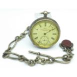 A silver cased pocket watch, dial a/f, with silver Albert chain, each link marked, and a Victorian