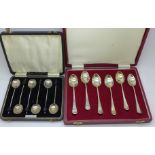 A cased set of six silver tea spoons and a set of six silver coffee bean spoons, 122g