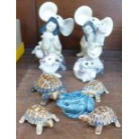 Two German wobble head mice figures, a pair of continental figures on marble bases, a Poole frog,