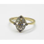 A 9ct gold, diamond and sapphire ring, 1.9g, P