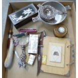 Magnifying glass, three boxes, pewter quaich, etc.