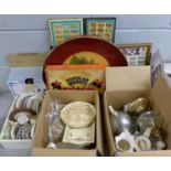 Eleven boxes of mixed china, glass and metalware, framed stamps, lacquered tray, etc. **PLEASE