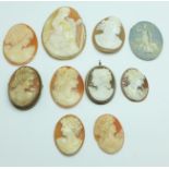 A cameo pendant/brooch, one other, pin a/f, and eight unmounted cameos