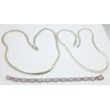 A silver bracelet, a/f, and two neck chains