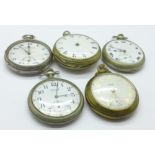 A silver pocket watch and four other pocket watches, a/f