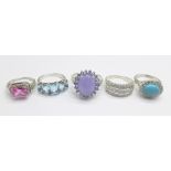 Five 925 silver stone set rings