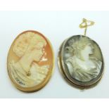 Two cameo brooches, one set in yellow metal and with a diamond 'pendant'
