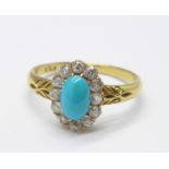 An 18ct gold, turquoise and diamond ring, 2.8g, Q, two diamonds replaced with white stones