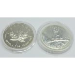 Two Canadian fine silver 1oz $5 coins, 1993 and 2012