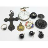 A fob watch, jet and other jewellery