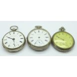 Three silver pocket watches, a/f