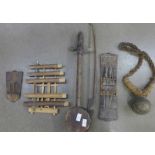 Indonesian Gamelan musical instruments, a Rebab buffalo bell and two African thumb pianos **PLEASE