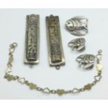 Two silver Jewish Mezuzah, a bracelet, a/f, and a fish brooch with matching earrings