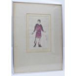A framed and mounted pen and ink drawing, theatrical costume study, Titus Andronicus, circa 1970
