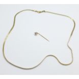 A necklace marked 14k, 3.4g, a/f, and a 9ct gold and white stone pin, 0.5g
