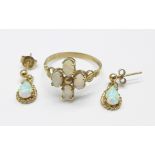 A pair of synthetic opal earrings and 9ct gold ring, 2.5g, ring N