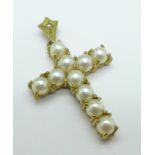 A 9ct gold and pearl cross pendant, 4.4g