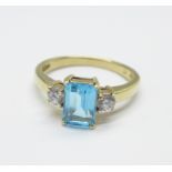 A 9ct gold, three blue and white stone ring, 2.4g, L