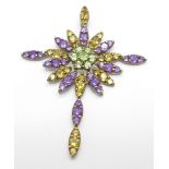 A 9ct gold and gemstone set starburst cross pendant, 4.3g, 52mm x 42mm