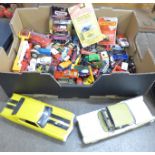 A box of mixed die-cast model vehicles, Matchbox, Corgi and two 1/18th scale American cars
