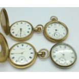 A Waltham gold plated half-hunter pocket watch, two other pocket watches, a/f, and a movement