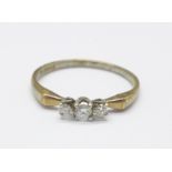 A 9ct gold, three stone diamond ring, 1.2g, N