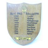 A wooden plaque to commemorate prisons served at over a 31 year career, Fred Abbot, 1963-1994