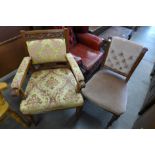 A Victorian style walnut open armchair and one other