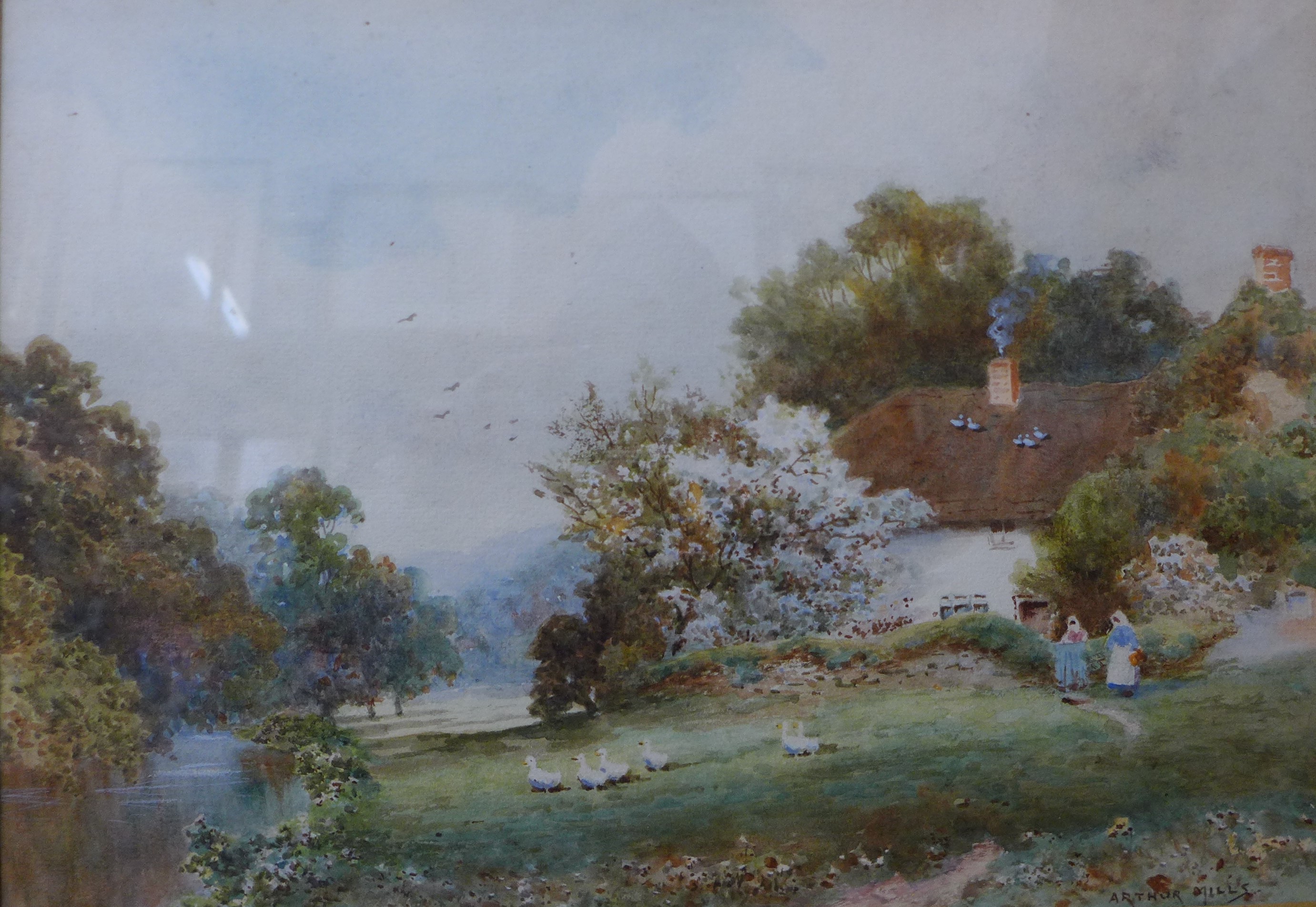 Arthur Mills, figures by a cottage, watercolour, 24 x35cms, framed