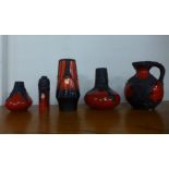 Five assorted West German studio pottery lava vases