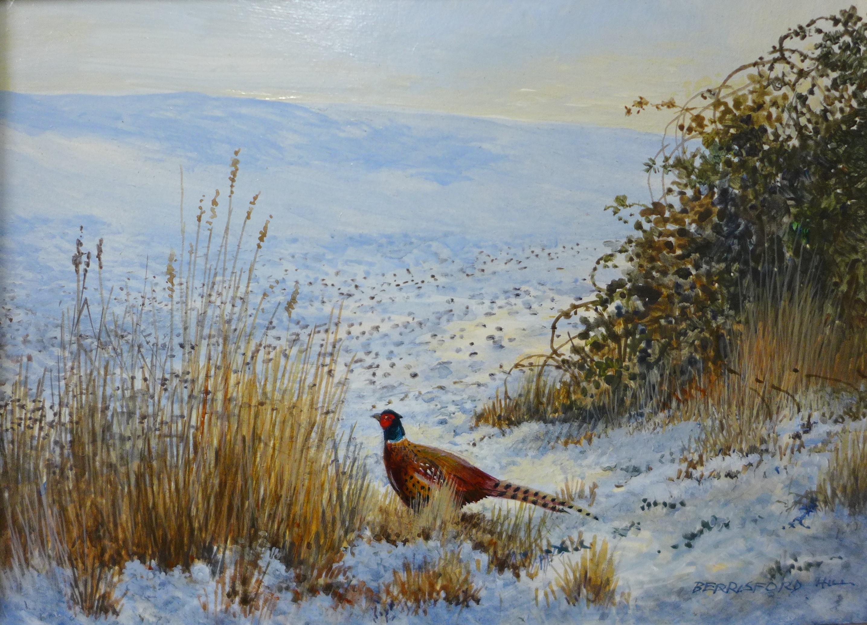 Berrisford Hill, pair of winter landscapes with pheasants, oil on board, 13 x 18cms, framed and