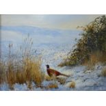 Berrisford Hill, pair of winter landscapes with pheasants, oil on board, 13 x 18cms, framed and