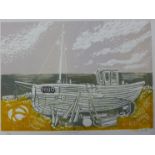 A signed Pamela Grille limited edition screen print, Fishing Boat, 29 x 42cms, unframed