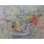 Edward Morgan, boats on a canal, pencil and crayon, 34 x 44cms, framed
