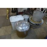 Assorted metalware, enamelled bread bin, etc.