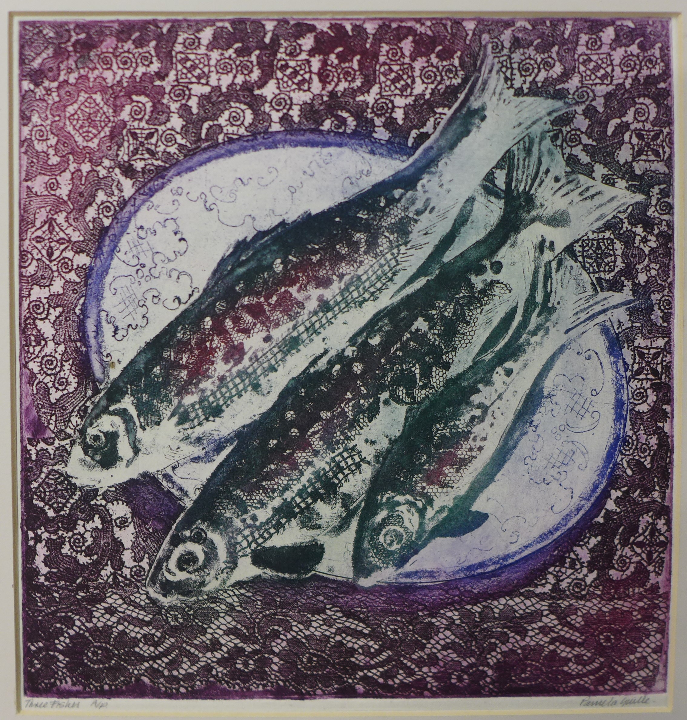 A signed Pamela Guille artists proof etching, Three Fish, 27 x 25cms, unframed